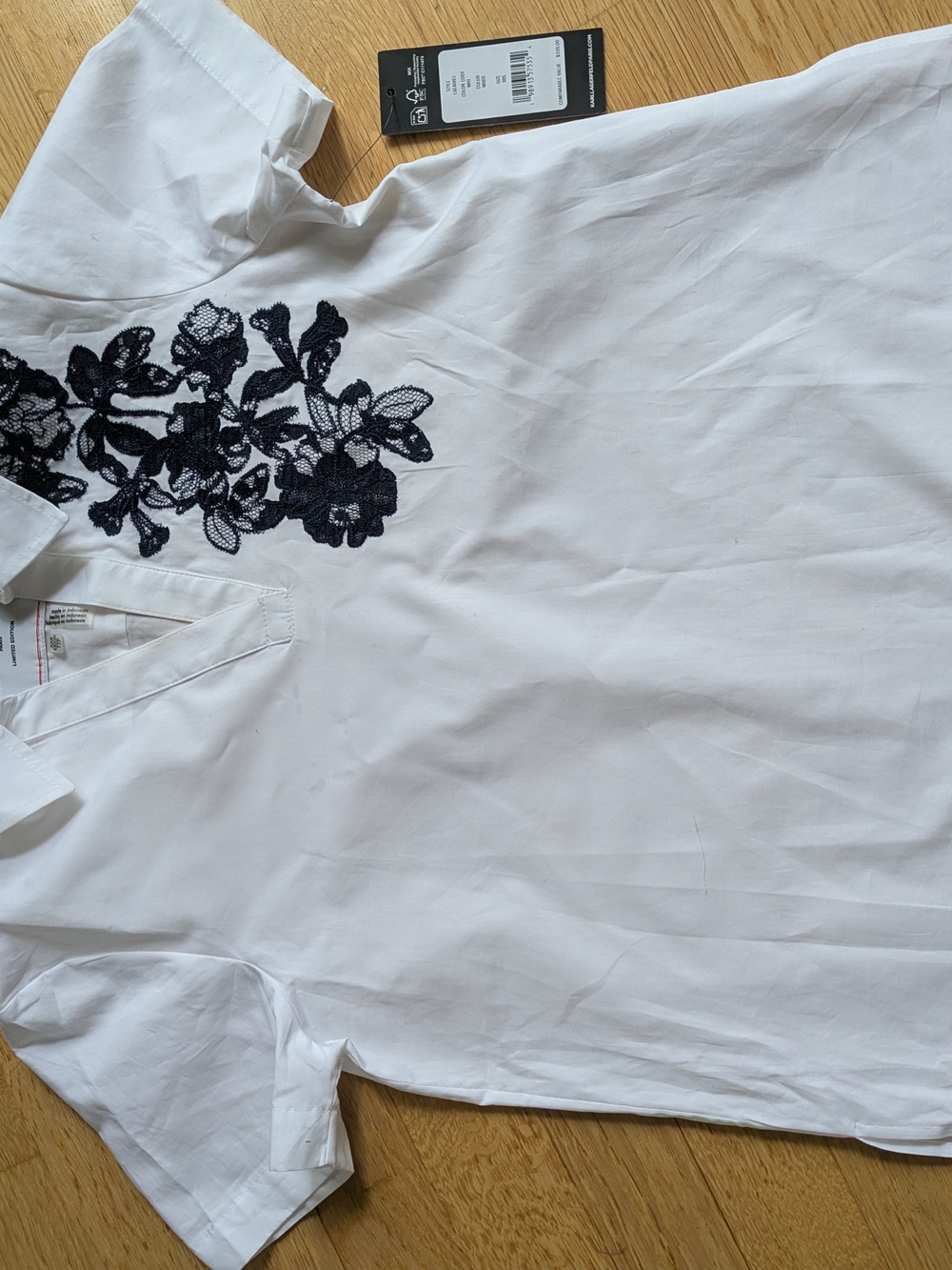 Karl Lagerfeld White Top with Dark Navy Floral Lace Applique